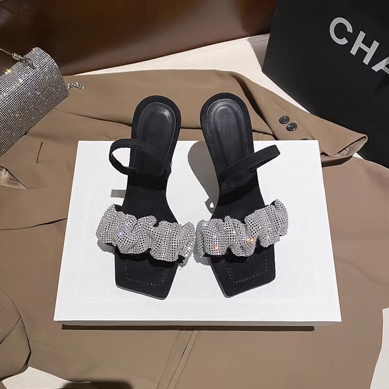 Internet Celebrous AW Same Style Sandals 2022 Spring and Summer New Black Rhinestone Stiletto Sandals with Square Head High Heels for Women