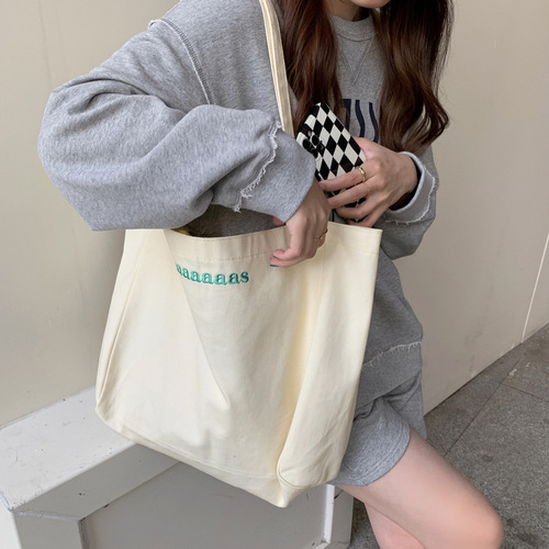 Japanese and Korean maaas candy color letter shoulder portable canvas bag ins student class bag simple environmentally friendly shopping bag