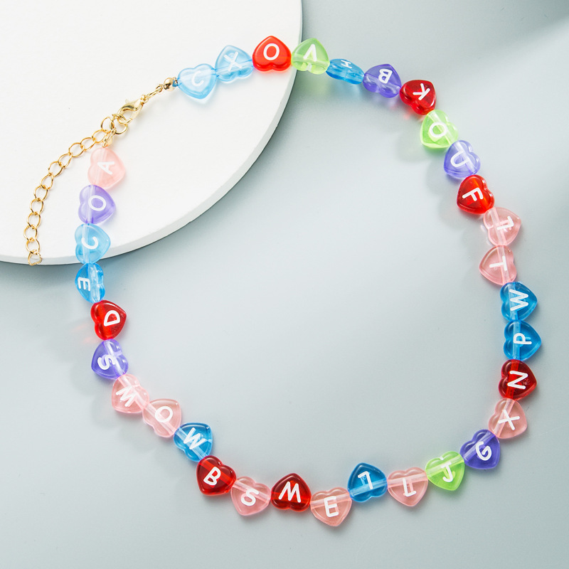 English Alphabet Macaron Mixed Color Heart-shaped Resin Handmade Beaded Necklace Clavicle Chain display picture 2