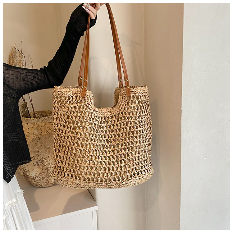 Seaside vacation 2024 new summer grass commuting tote bar large capacity handmade woven bag_voghion.com
