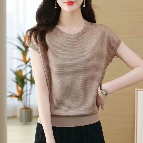 Women's Summer Casual Loose Knit Short Sleeve T-shirt with Round Neck, Trendy and Versatile Short Top for Casual Outfits