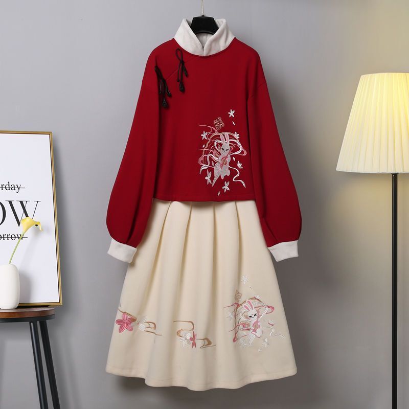 Chinese style hanfu dress suit 2023 new autumn and winter improved embroidered vintage sweater skirt two-piece set