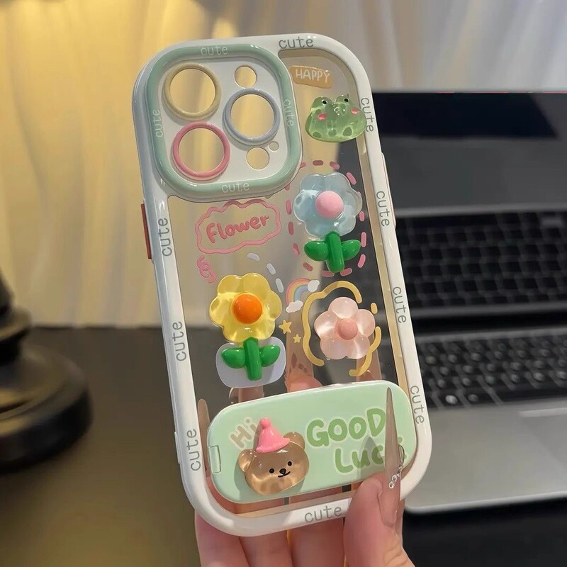 Frog Flower Doll Holder Suitable for Apple 16Promax Mobile Phone Case Puff Cute 17 Mobile Phone Protective Cover 15