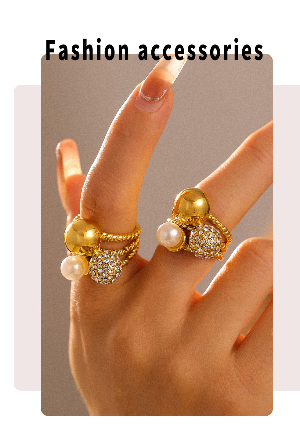 Imitation Pearl Retro Czech Diamond Round Bead Ring Titanium Steel Light Luxury Temperament Versatile Ring_voghion.com