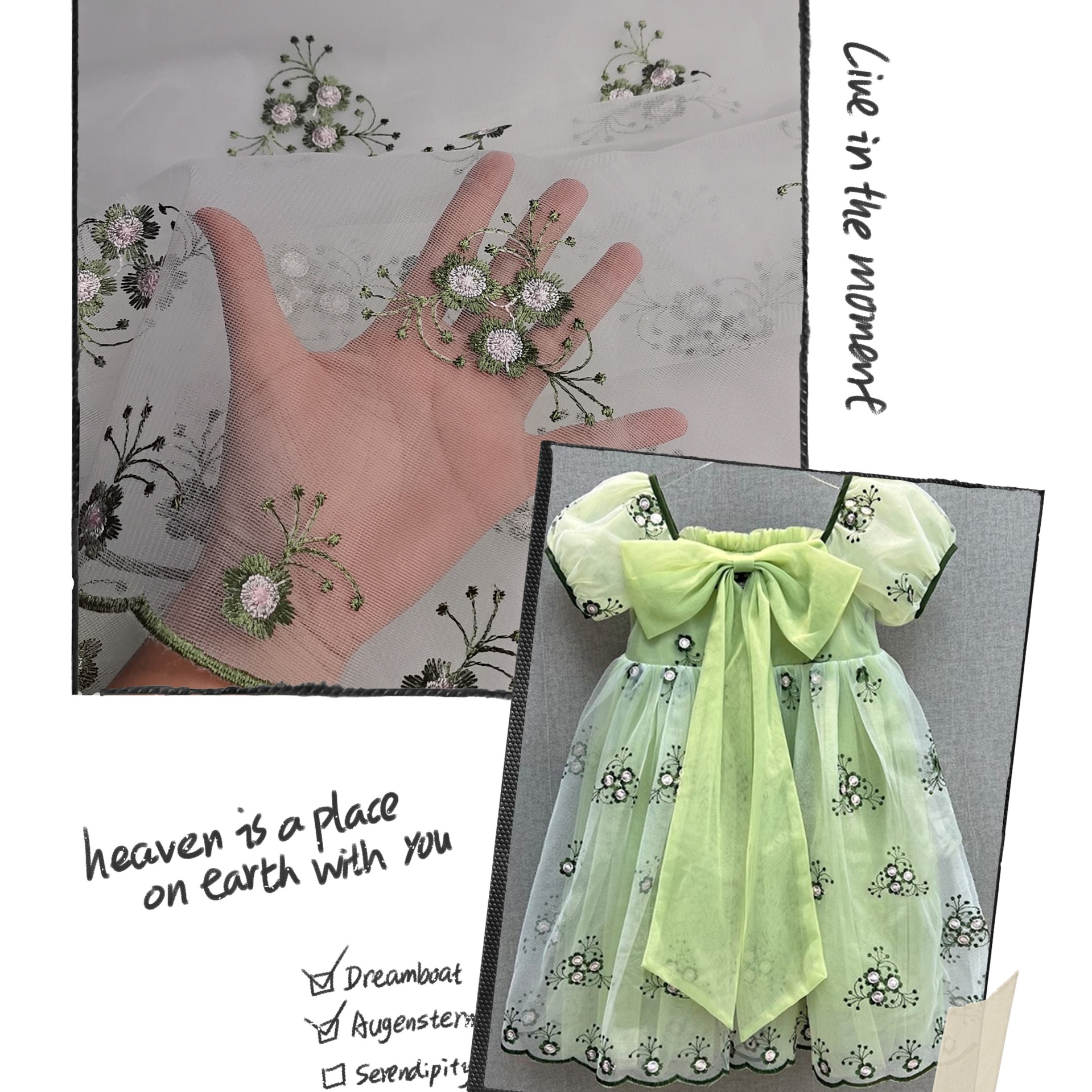 童装面料爆款~新款无弹涤透明网纱绿小花波边刺绣 小清新网纱面料