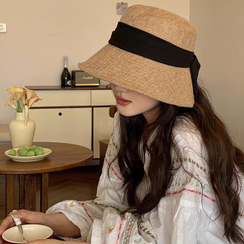 日本製綿とリネンのリボン漁師帽子女性用夏軽量通気性バックスリットサンハットロール可能な大きなつばの盆地帽子|undefined