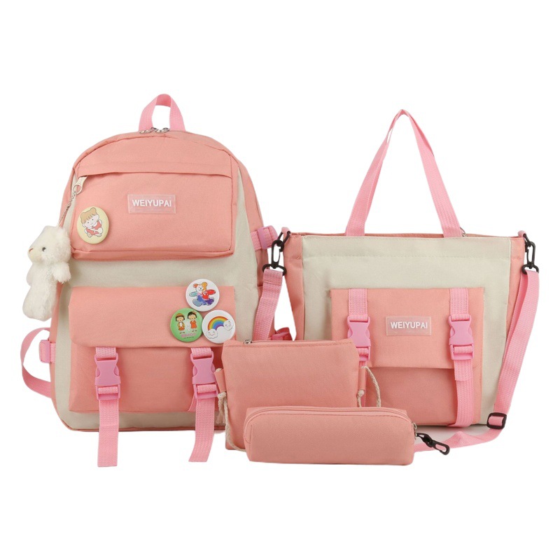 Mochila para estudiantes Weiyu Pie cuidadosamente seleccionada, mochila escolar para estudiantes de secundaria de lona de estilo coreano, conjunto de cuatro piezas de mochila para suegra de gran capacidad