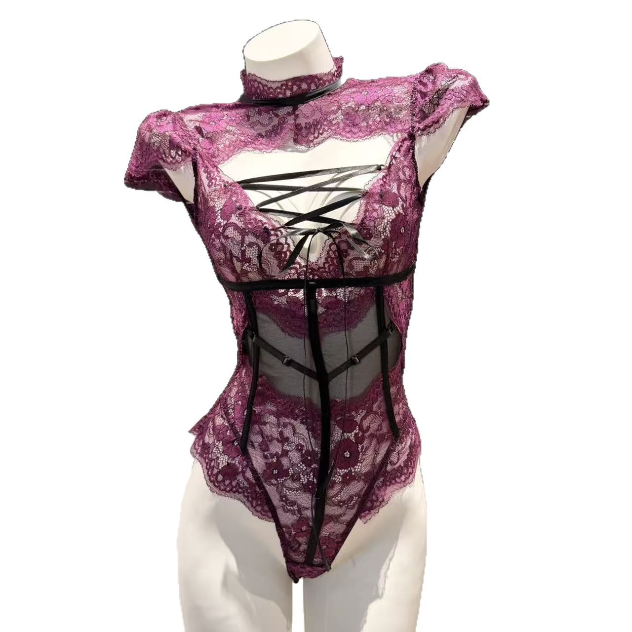 French Style Lace Patchwork Bodysuit And Uniform Lingerie Set_voghion.com