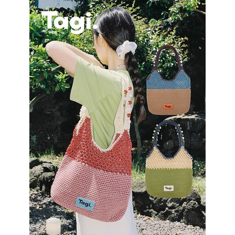 Tagi.机灵果子手工串木珠手提通勤百搭撞色单肩编织包|undefined