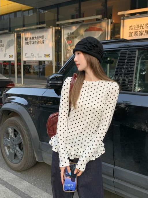 长袖t恤女2025新款秋季打底衫韩系穿搭设计感波点荷叶边白色上衣|undefined