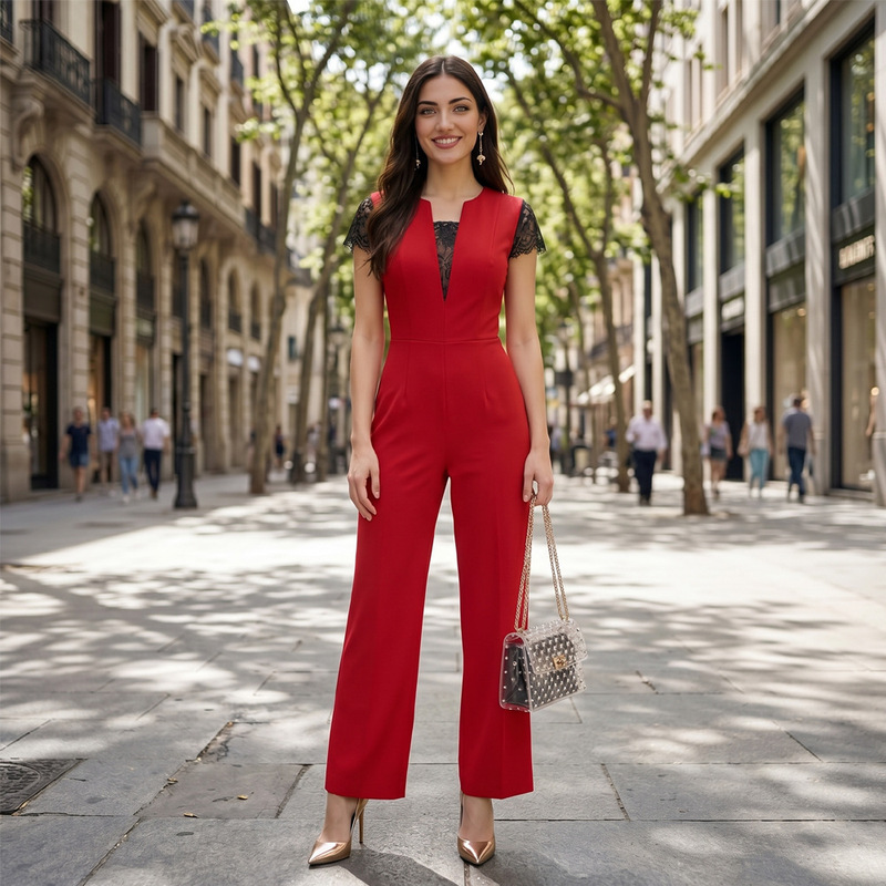 Amazon European and American Cross-Border Fashion Waist-Cinching Jumpsuit V-Neck Sexy Fashion Mom Outfit Bride's Homecoming Casual Wear Amazon European and American Cross-Border Fashion Waist-Cinching Jumpsuit V-Neck Sexy Fashion Mom Outfit Bride's Homecoming Casual Wear