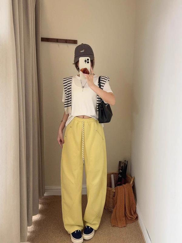 韩国东大门铆钉拼接弯刀裤女秋季新款宽松百搭显瘦慵懒风休闲长裤|undefined