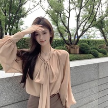蝴蝶结绑带长袖雪纺衬衫女秋季中长款收腰衬衣设计感宽松气质上衣