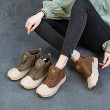 头层牛皮厚底高帮女皮靴秋冬新款复古手工文艺短筒拼色休闲马丁靴