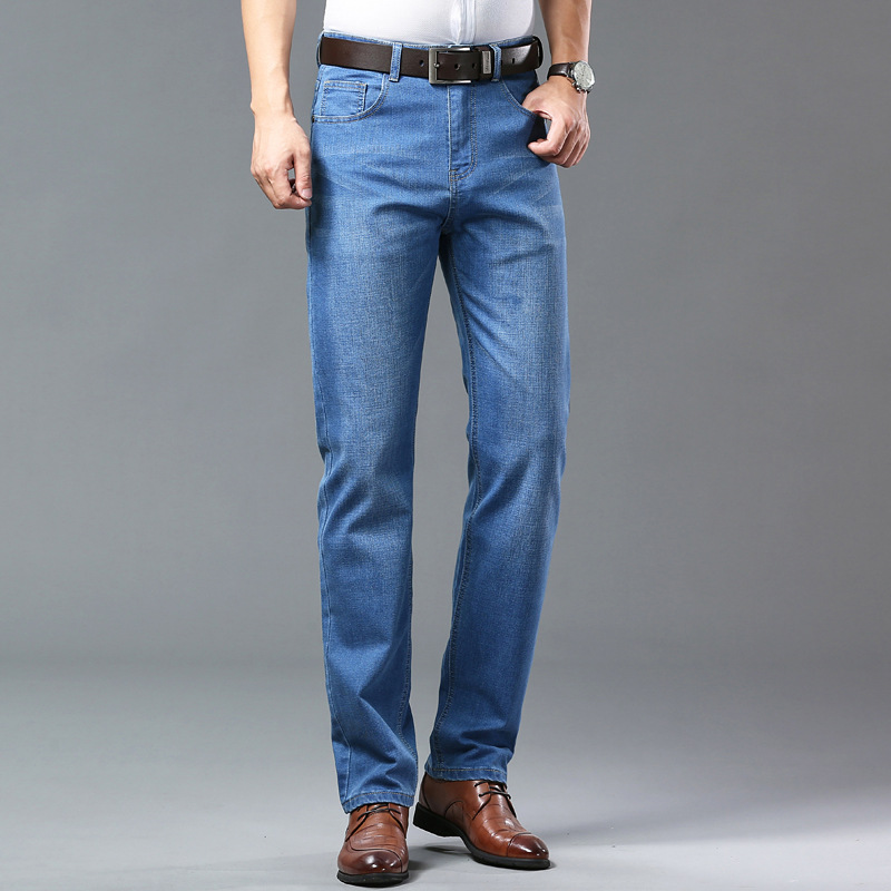 Soft Jeans hombres de cintura media-alta sueltos transpirables negocios Pantalones rectos hombres cómodos slim fit papá de mediana edad Pantalones