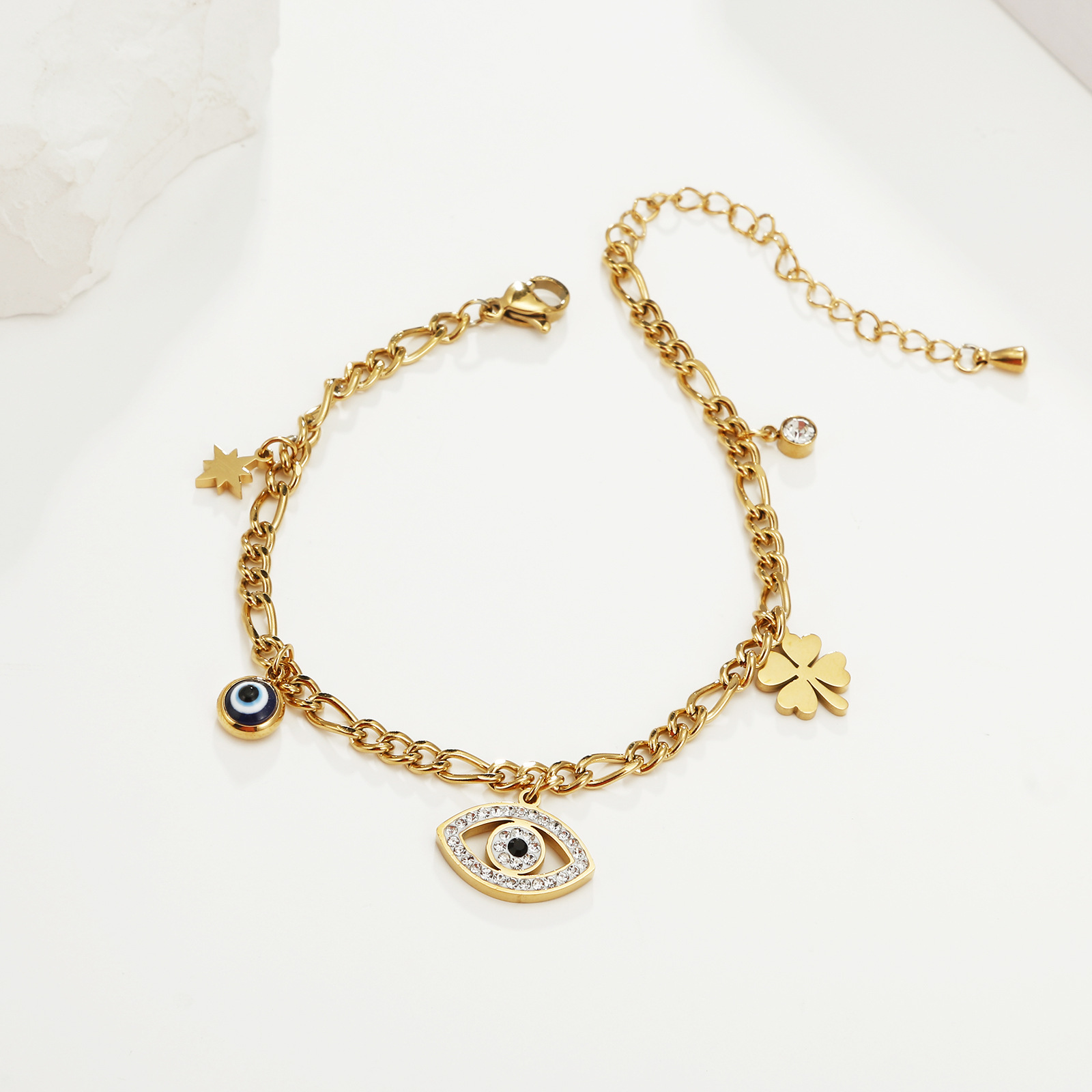 Fashion Four Leaf Clover Eye Stainless Steel Plating Hollow Out Inlay Resin Zircon Bracelets 1 Piece