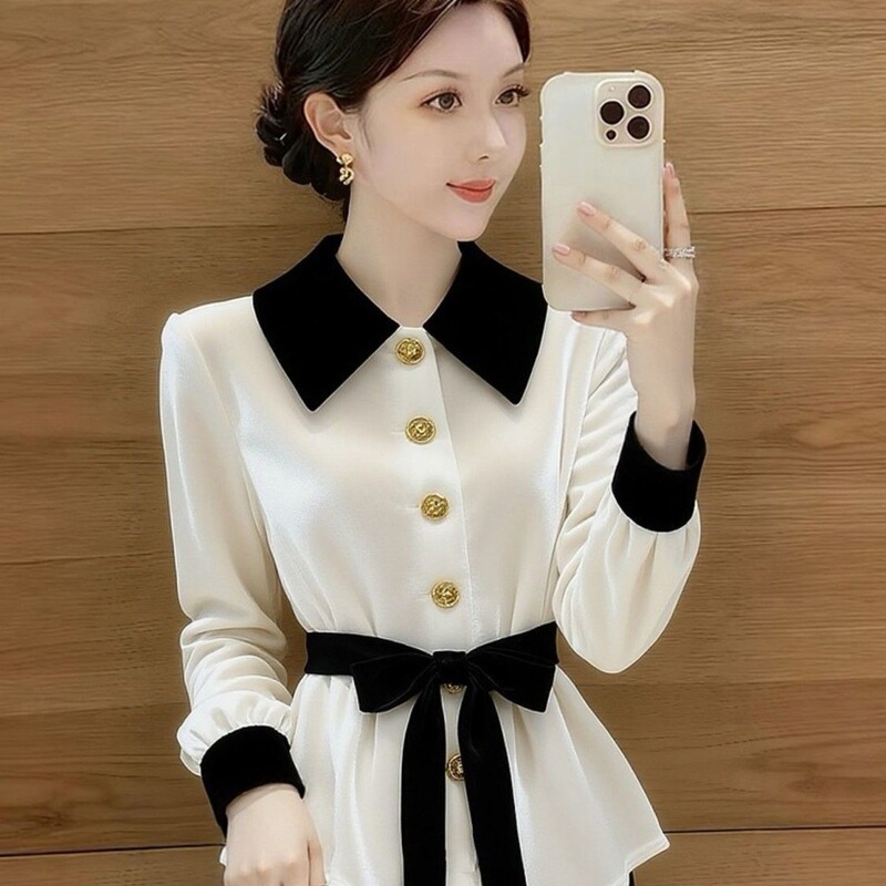 White Velvet Shirt for Women, Spring 2026, High-End, Light Luxury, Age-Reducing, Stylish, Unique, Chic, Waist-Cinching, Color-Blocking Top