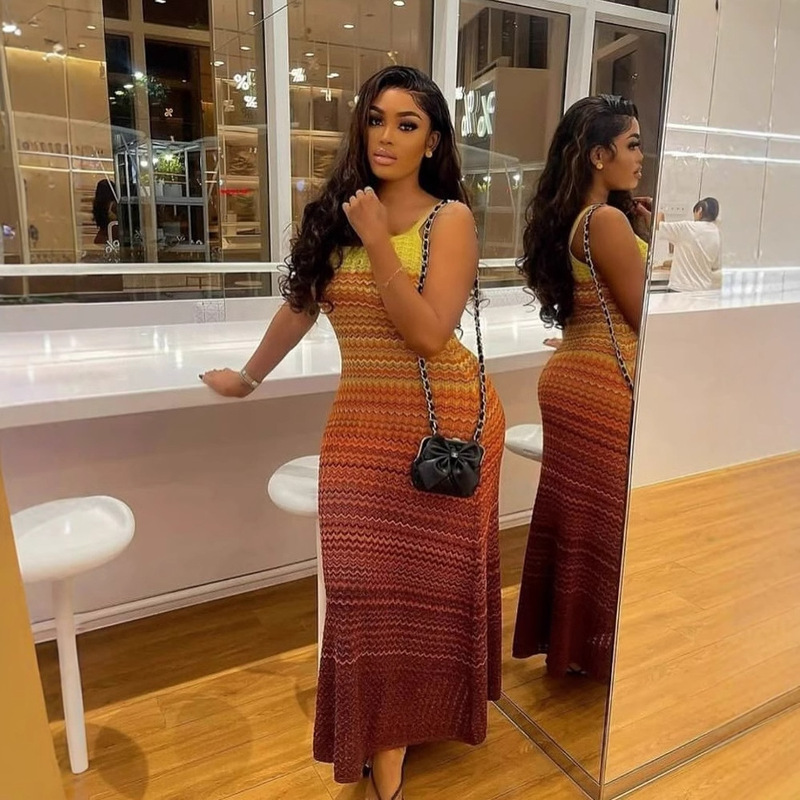 Cross-Border Summer New French Style Retro Striped Long Dress Women's European and American Style Suspender Dress Waist-Cinching Knitted Long Dress