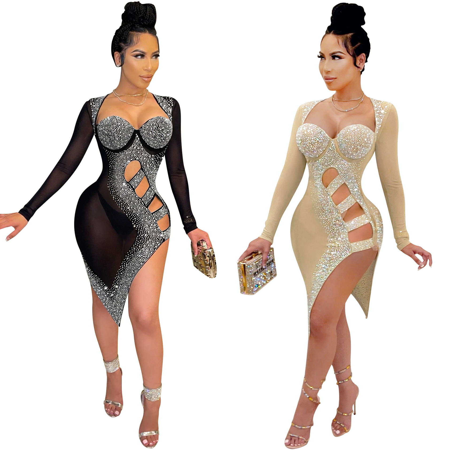 X5207 transfronteriza nueva moda europea y americana ropa de mujer sexy discoteca hueco split malla perspectiva rhinestone vestido image 7