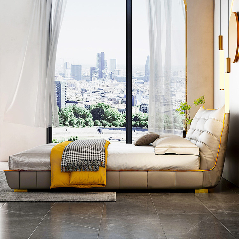 Luz de lujo cama de cuero genuino dormitorio principal italiano minimalista de alta gama elegante cama de boda simple Caterpillar cama doble 1,8 m muebles