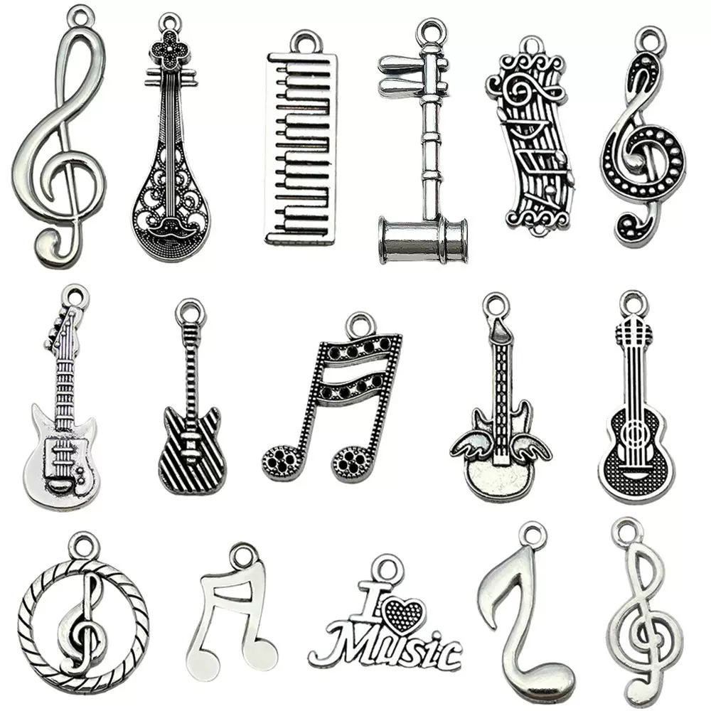 DIY饰品配件音符音乐吉他合金吊坠复古古银钥匙扣耳环项链小挂件