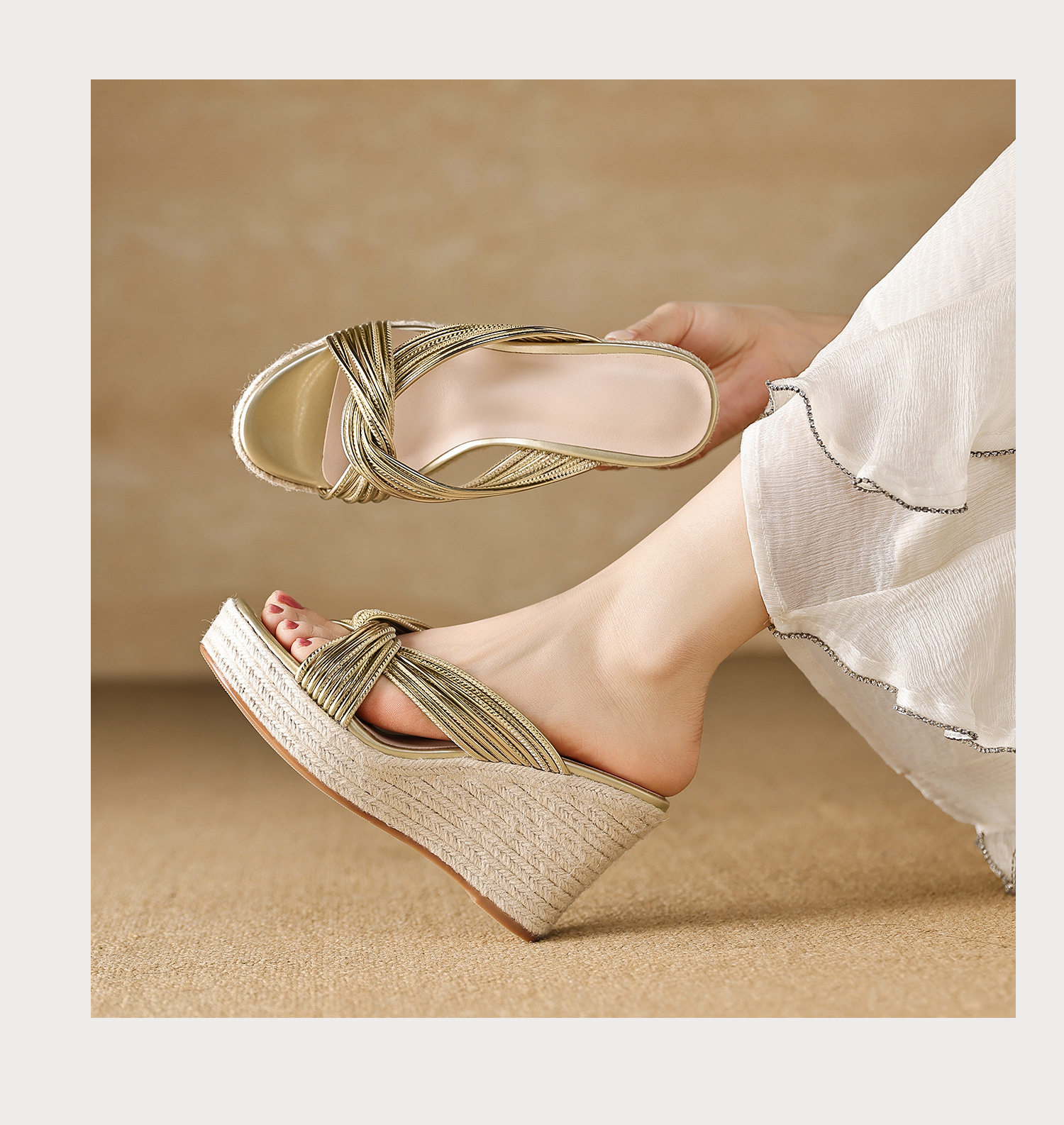 Sandal cao gót nữ đế đan rơm quai chéo bạc hở mũi phong cách Tân Trung Hoa — màu vàng, bạc chi tiết 12
