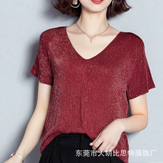 2025夏季新款V领亮丝冰丝短袖针织衫薄款宽松气质打底上衣女士