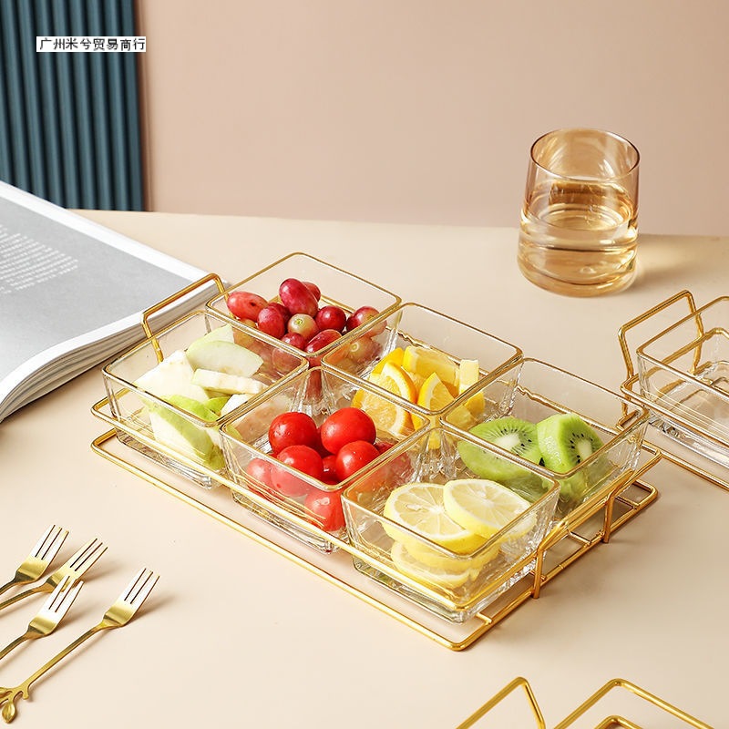 Glass Divided Fruit Plate with Lid for Home Living Room Snack Plate Candy Dried Fruit Plate Ktv Bar Melon Seed Snack Plate