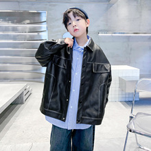 男大童秋装痞帅皮衣外套2025新款青少年儿童装春秋防水免洗皮夹克