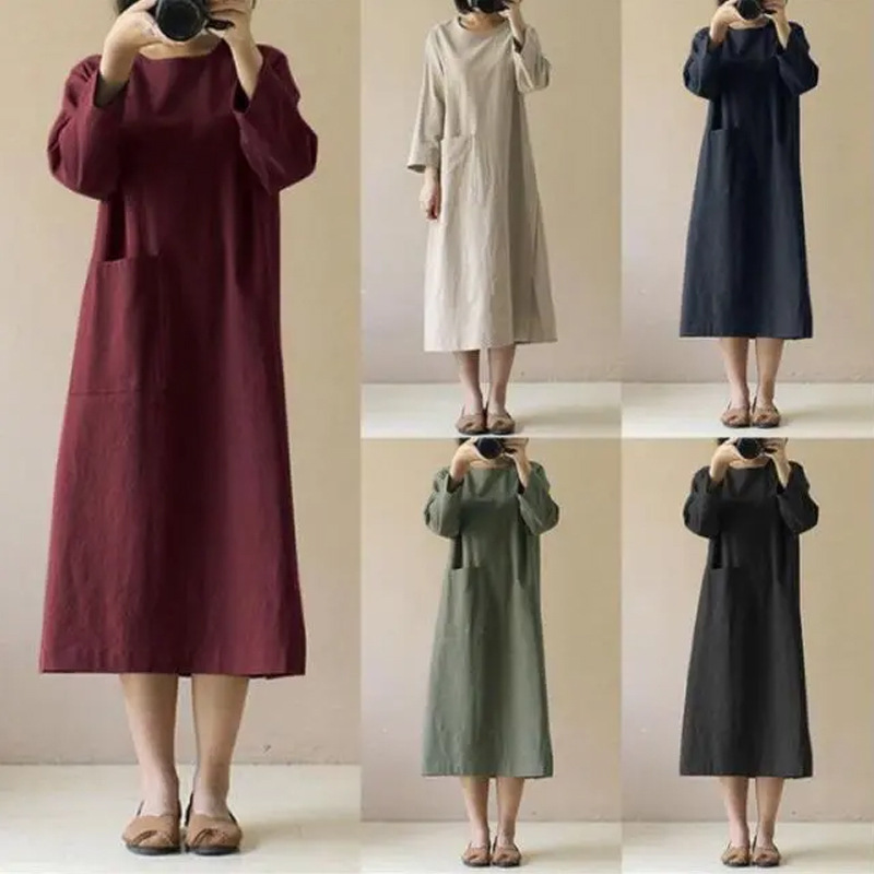 Cross-Border Foreign Trade Nine-Quarter Sleeve Dress with Cotton and Linen Pocket Design, New Versatile Mid-Length Dress for Spring and Autumn