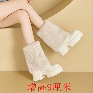 九尾狐毛雪地靴松糕厚底保暖女皮靴粗高跟骑士棉靴增高冬季毛毛靴