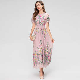 XXL dress 欧洲站23春夏女装圆领短袖重工网纱刺绣收腰气质连衣裙