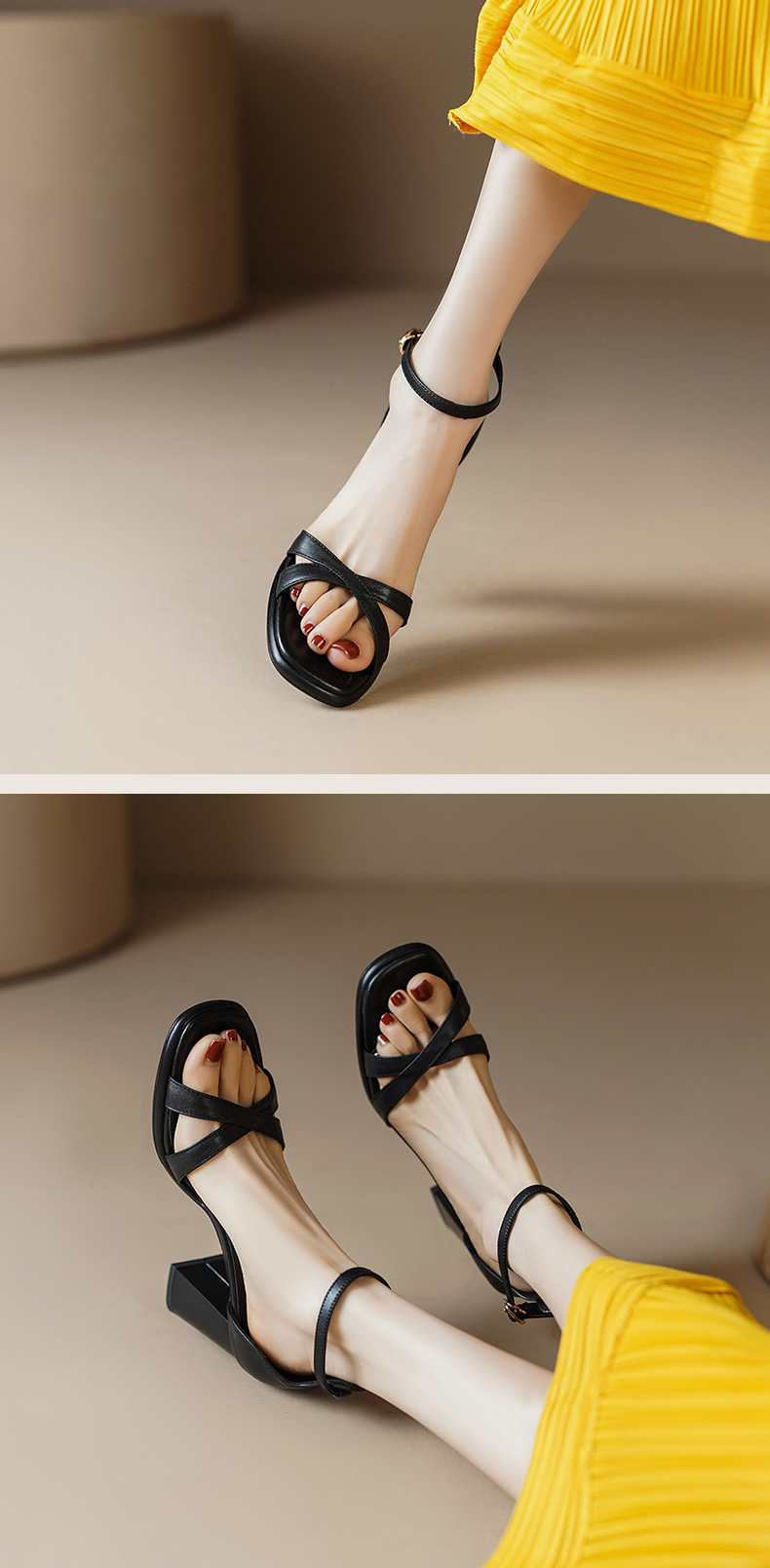 Sandal cao gót nữ hở mũi da bò lớp đầu gót vuông quai ngang — Da cừu màu đen chi tiết 8