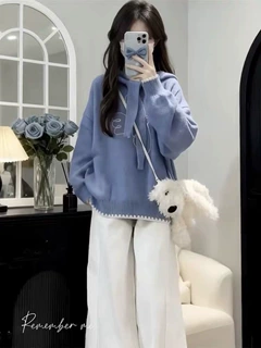 新款韩系慵懒chic毛衣女秋冬季洋气减龄系带连帽针织休闲宽松上衣