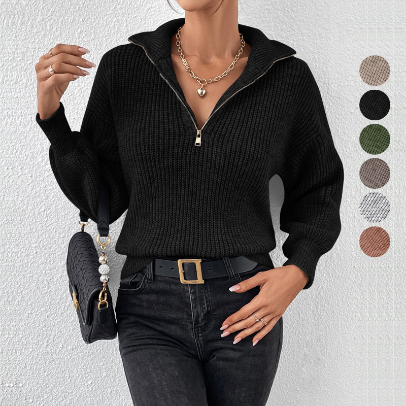 Europa y los Estados Unidos transfronterizos con cremallera suéter de comercio exterior moda de color sólido suéter de manga larga con cremallera de cuello de polo casual suéter mujer
