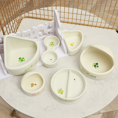 Japanese hamster food bowl ceramic anti-tip cute golden bear double bowl small pet feeding basin rabbit hedgehog feeding bowl