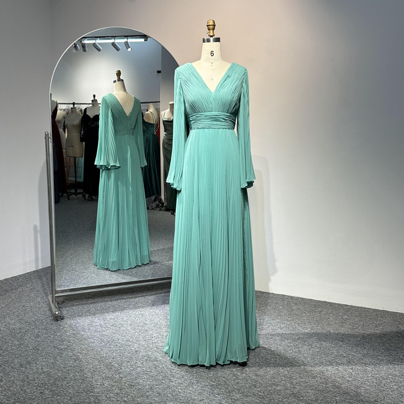 2024 New light green Hand Pleated Long Sleeve Prom Bridesmaid Graduation Ceremony Dinner Elegant Gown