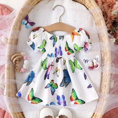 Cross-border Instagram baby girl summer butterfly print bubble sleeve front-fastening short-sleeve fashionable dress trendy