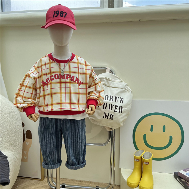 Felpa con cappuccio a quadri stampata per bambini 2024, un nuovo prodotto autunnale dalla Corea del Sud, con scollo rotondo dai colori vivaci_voghion.com