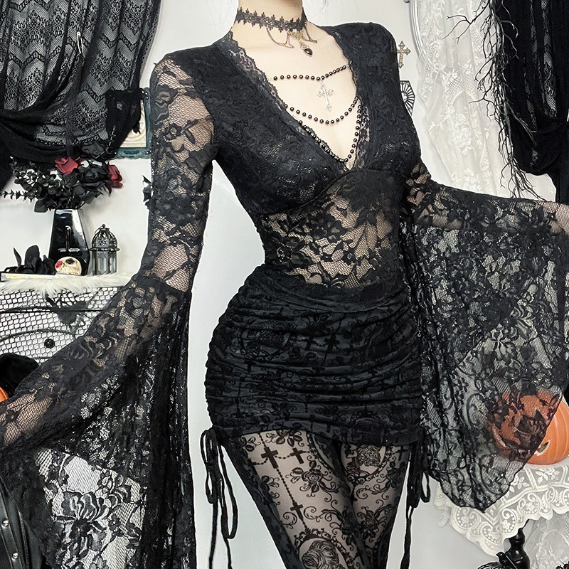 CF24373 Dark Gothic Lace Blouse with V-neck, Semi-Transparent Bell Sleeves, Slim Fit, Unique Hot Girl Top for Women CF24373 Dark Gothic Lace Blouse with V-neck, Semi-Transparent Bell Sleeves, Slim Fit, Unique Hot Girl Top for Women