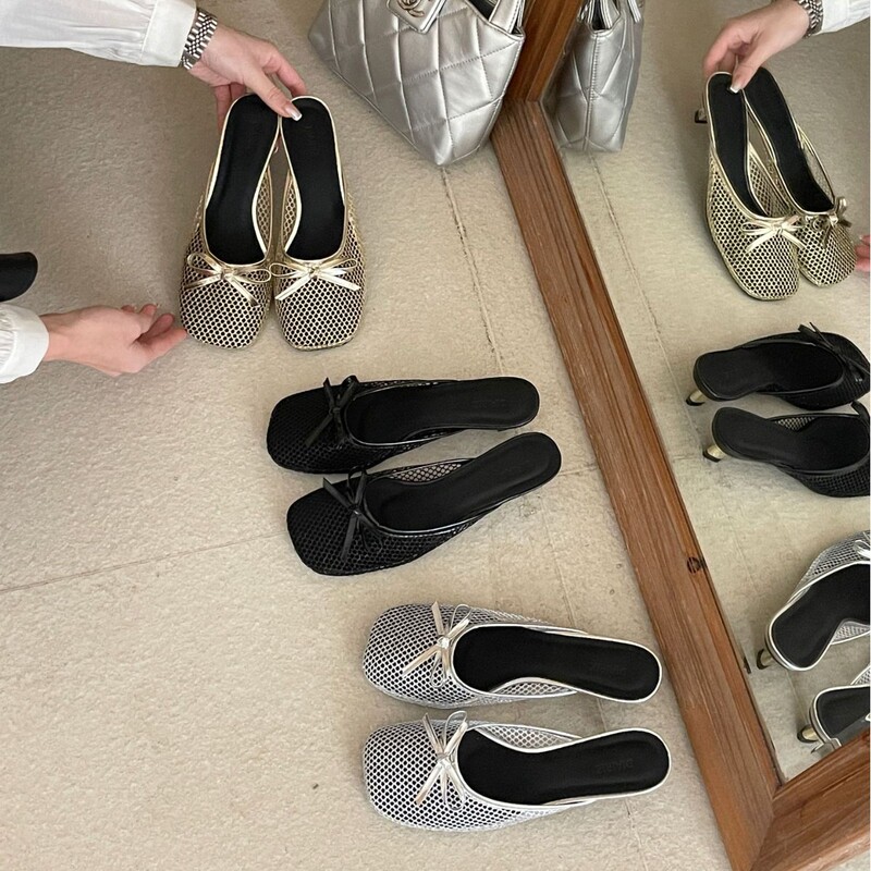 Cat Heel Round Head Cute Flash Baotou Slippers Gold Heel Spring and Summer Hollow Silk Mesh Single Shoes Fashion Sexy Bow