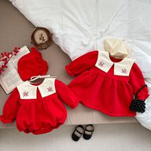 嬰兒喜慶拜年服冬新款寶寶夾棉加絨哈衣國風女寶紅色連衣裙姐妹裝