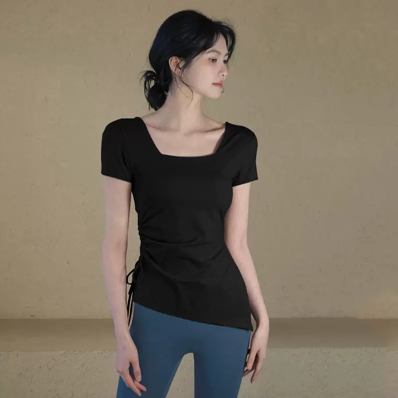 设计感小众大码瑜伽服短袖女夏季修身显瘦运动上衣带胸垫健身T恤