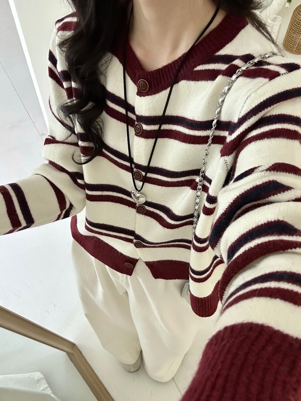 韩系短款条纹撞色针织开衫女早秋小个子宽松圆领毛衣外套外搭上衣|undefined