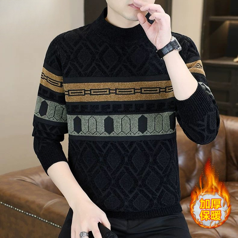 Sweater Men's Winter Korean Style Thickeneded Warm Pullover Knitted Bottoming Shirt for Teenagers and Students Loose Trendy Brand Line Clothes
