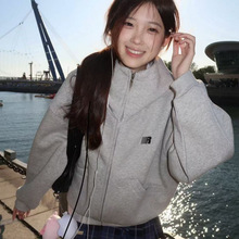 美式复古格纹拉链开衫连帽卫衣女2025秋冬新款宽松甜美小个子外套