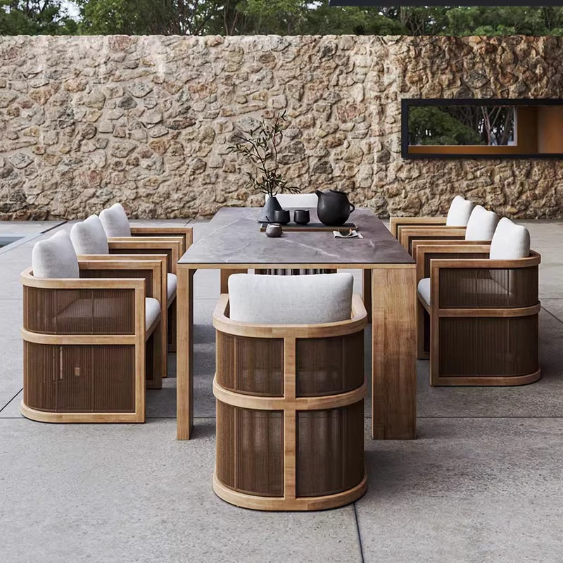 Mesa y silla de teca al aire libre tela de caña combinación restaurante chino hotel sala de sol a prueba de lluvia terraza muebles de patio