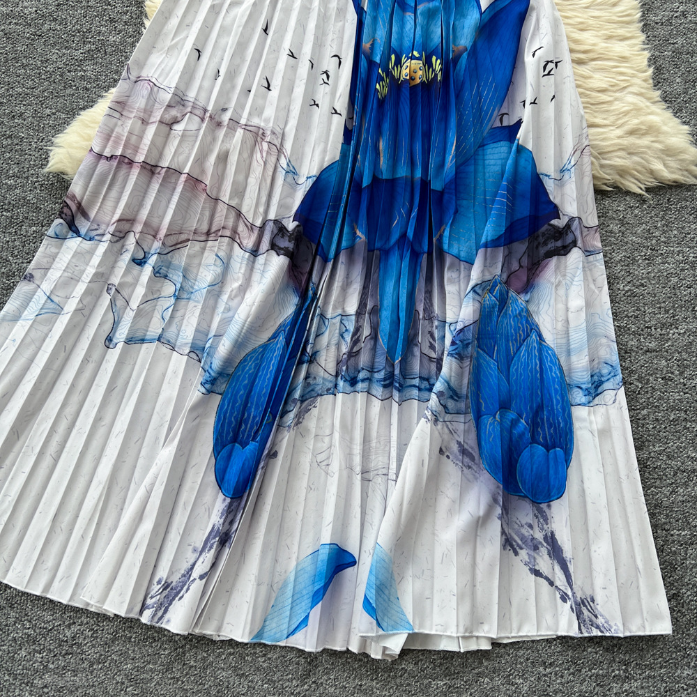 Women's Clothing celebrities elegant pleated print mid neck long sleeved tops for women high waist slim pleated skirt autumn set D_voghion.com