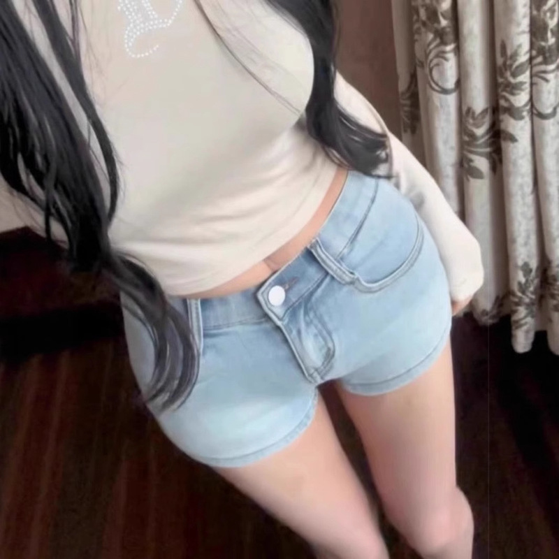 [Non-Real Shot] Low-Waist Elastic Hip-Hugging Tight-Fitting Slimming Look 2025 Summer Sexy Versatile A-Line Denim Shorts for Women