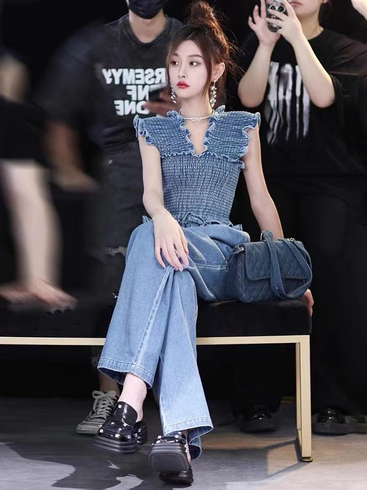 Bộ jumpsuit denim mùa hè FL222347 dành cho nữ, phong cách nhẹ nhàng sang trọng, tôn dáng, kiểu dáng mới thời trang — Màu xanh lam
